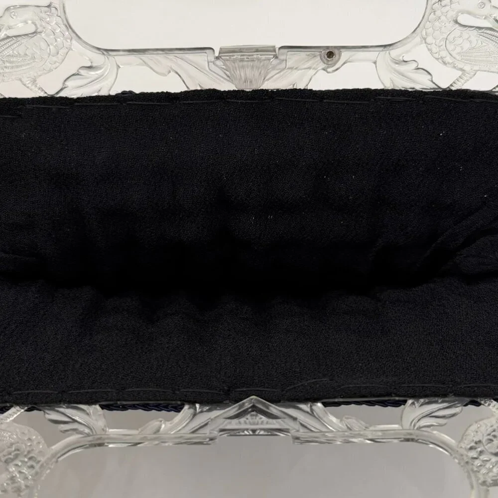 VINTAGE 30s Popcorn Crochet Navy Blue Peacock Handle Evening Bag